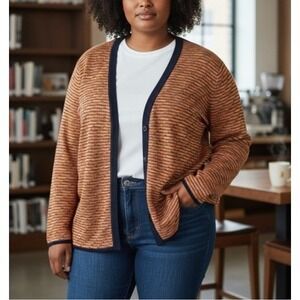 Exclusively Misook Striped Button Up Cardigan Sweater Brown‎ Office Twee Size 1X